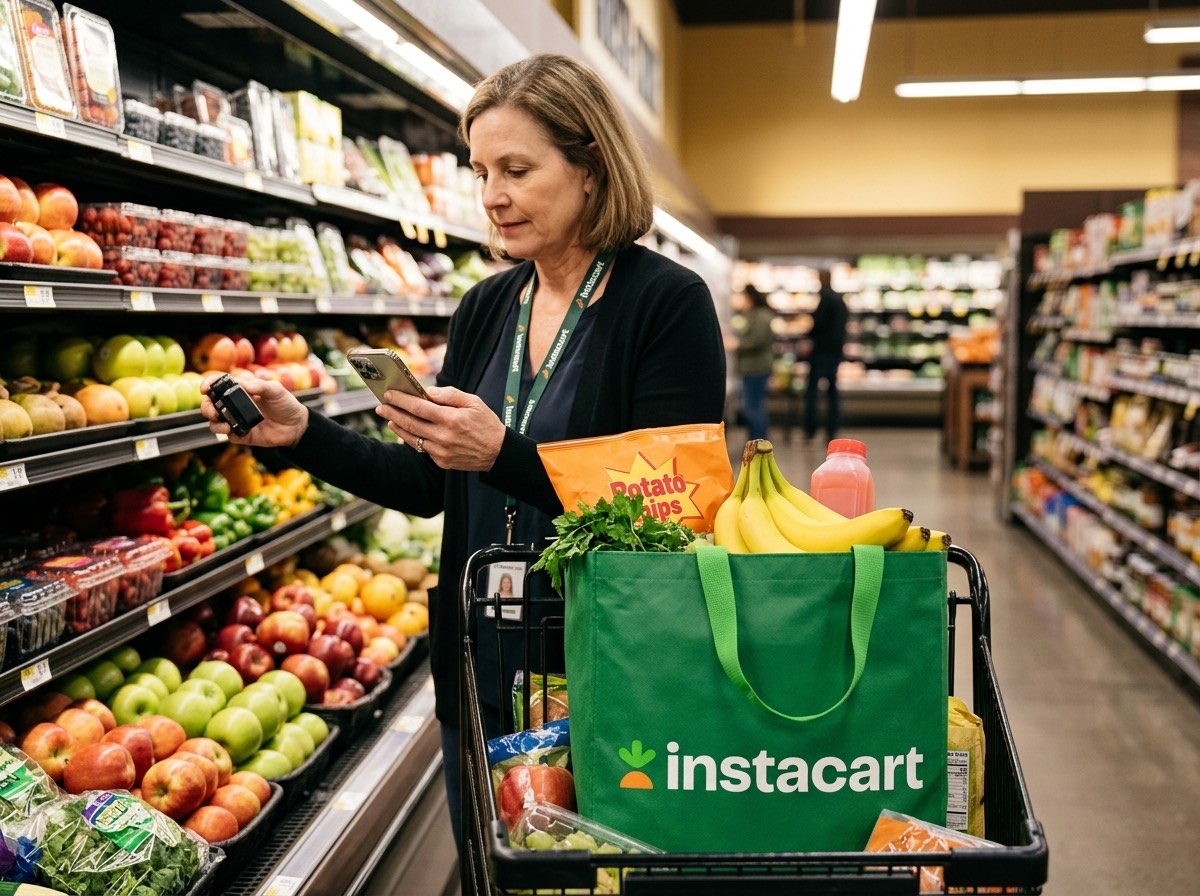 Shopper picking produce in a grocery aisle